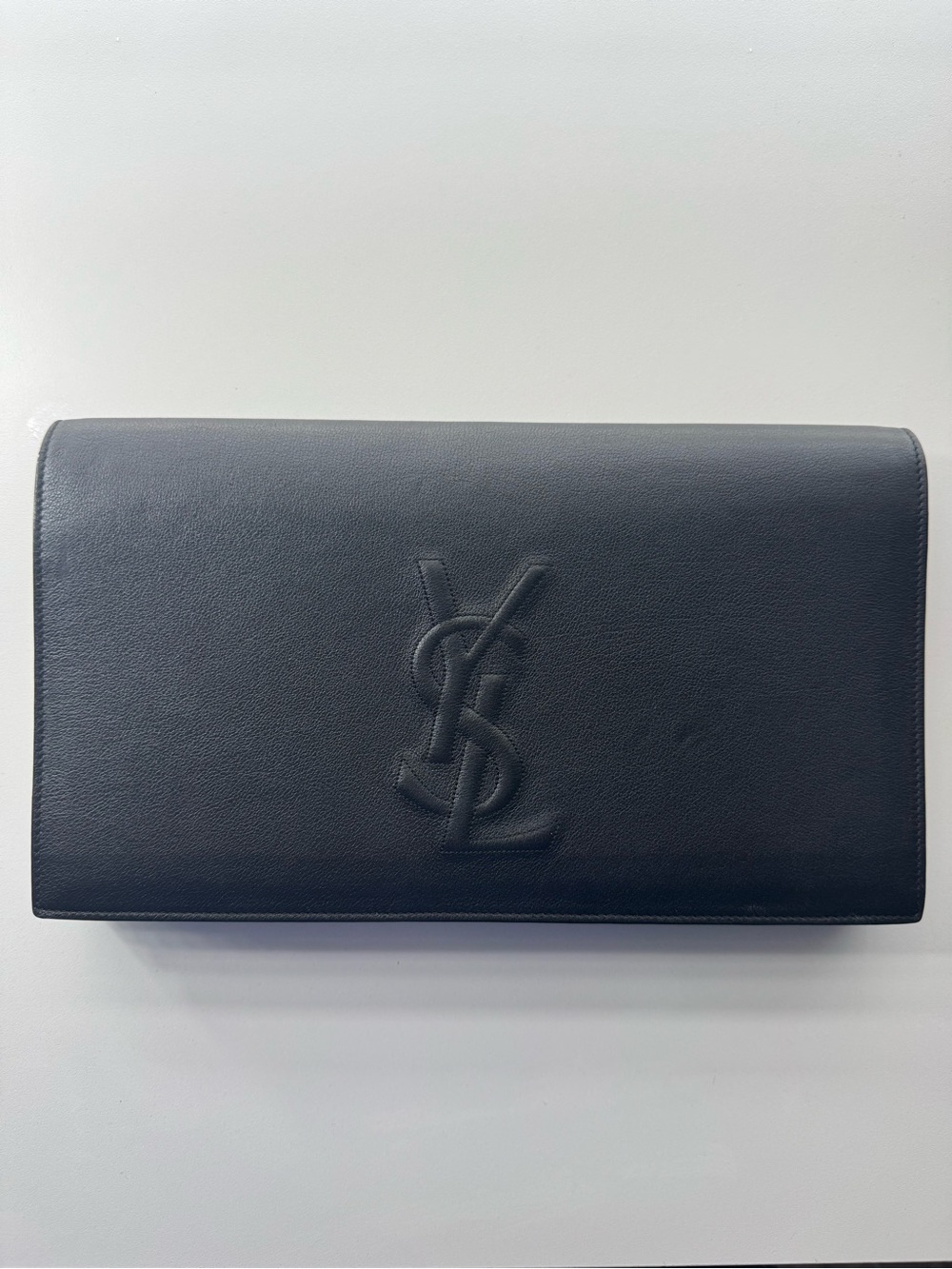 Saint Laurent Belle De Jour Black Leather Clutch with Embossed YSL Authentic